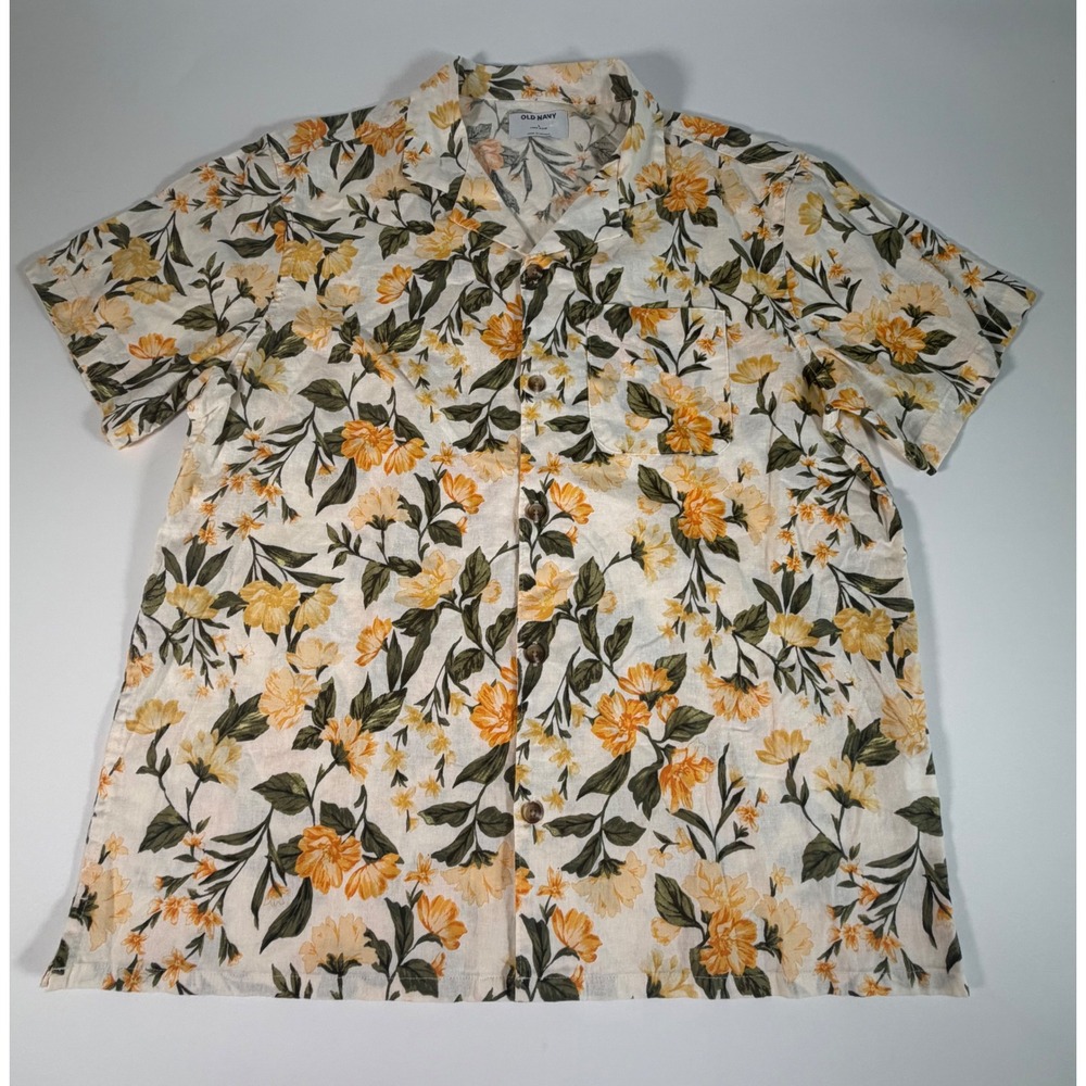Old Navy Mens Floral Linen Blend Button Down Shirt Yellow Boho Cottagecore L